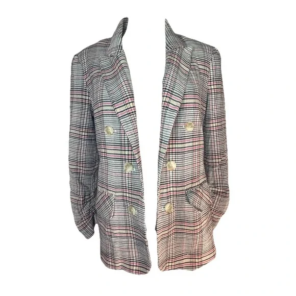 1. State Ruched Sleeve Plaid Blazer Jacket Med Preppy Double Breasted Open Front - Picture 2 of 10